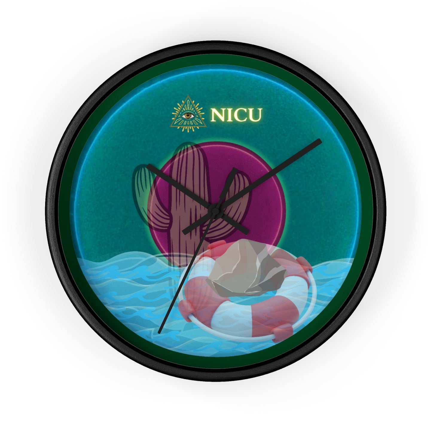 Lumpy Wall Clock - "The Donut Clock that Conveys" - vivid dark teal donut w/deep pond green background