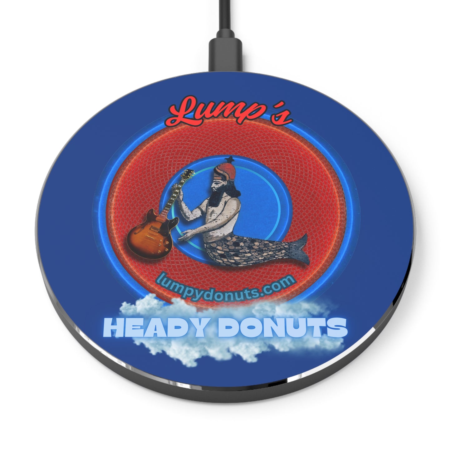 The Flow - Wireless Lumpy Donut Chargers - "Lump's Official Logo" - vivid red Dagon donut/royal blue background - variant 4