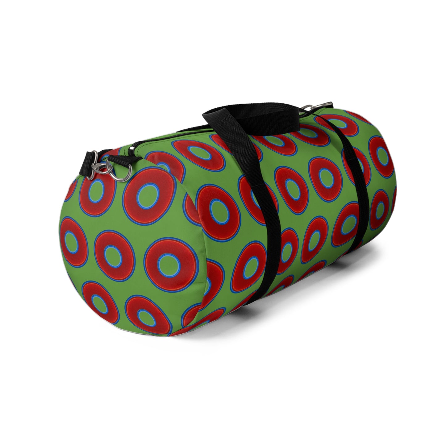 Lumpy Duffel - vivid red donuts w/light green background