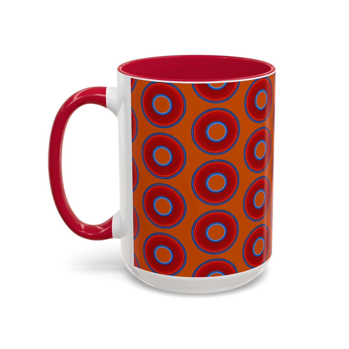 Lump's Grumpy Coffee Mug - vivid red donuts w/dark orange background