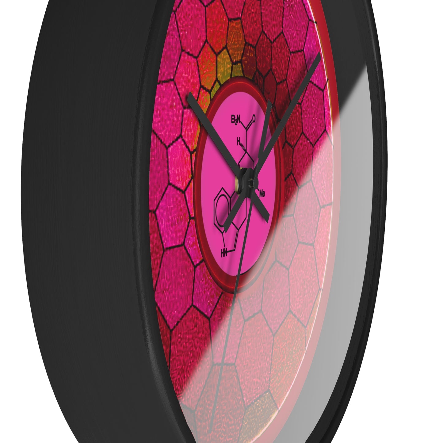 Lumpy Wall Clock - "Dr. Albert Hofmann's Donut" - variant 1 - magenta hexadonut w/red background