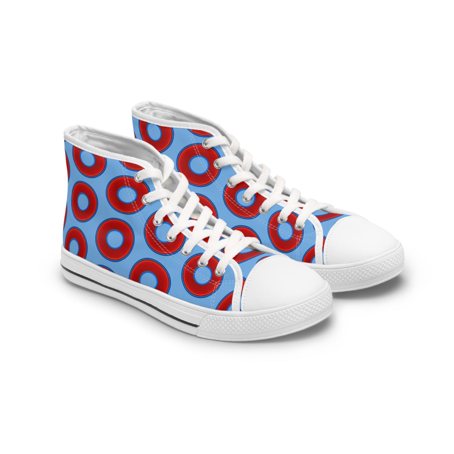 Women's High Top Chuck Taylors - large vivid red donut print w/light blue background