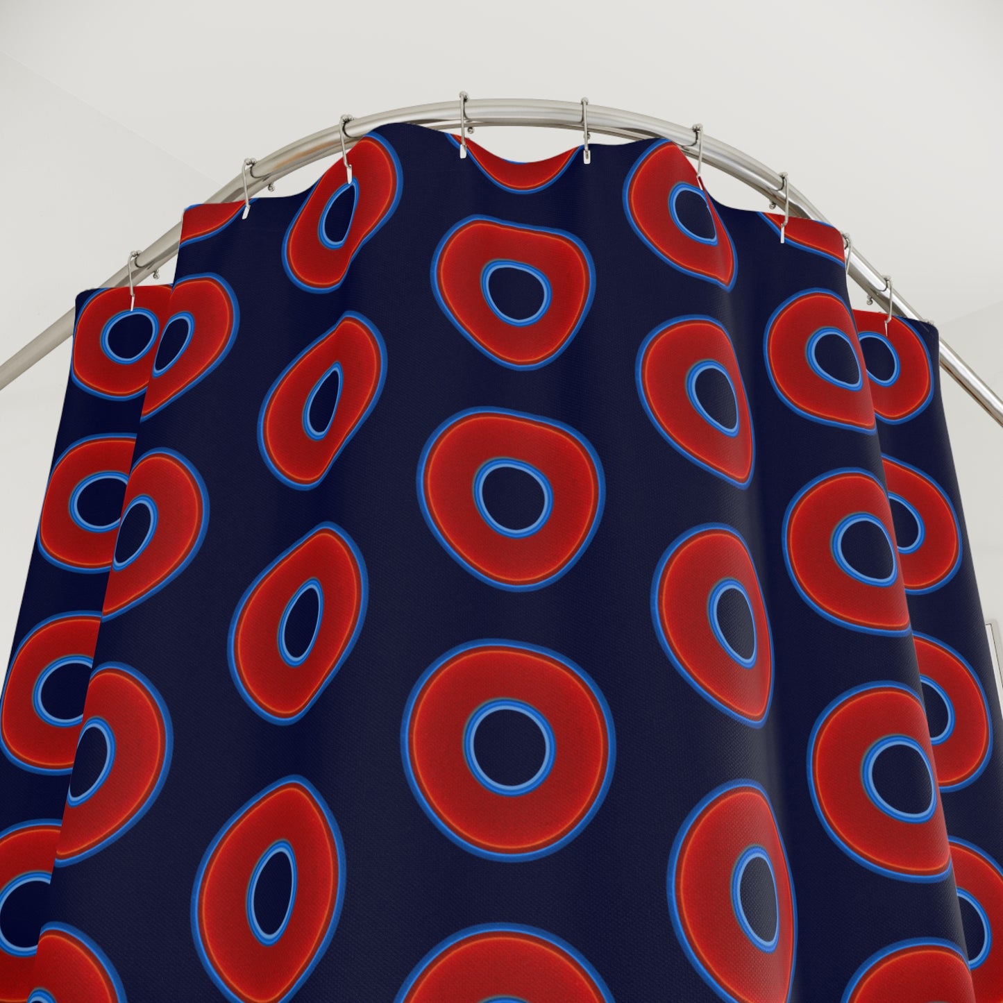 The Curtain With "Donuts" - Lumpy Bath Time Fun - vivid red donuts w/dark navy background