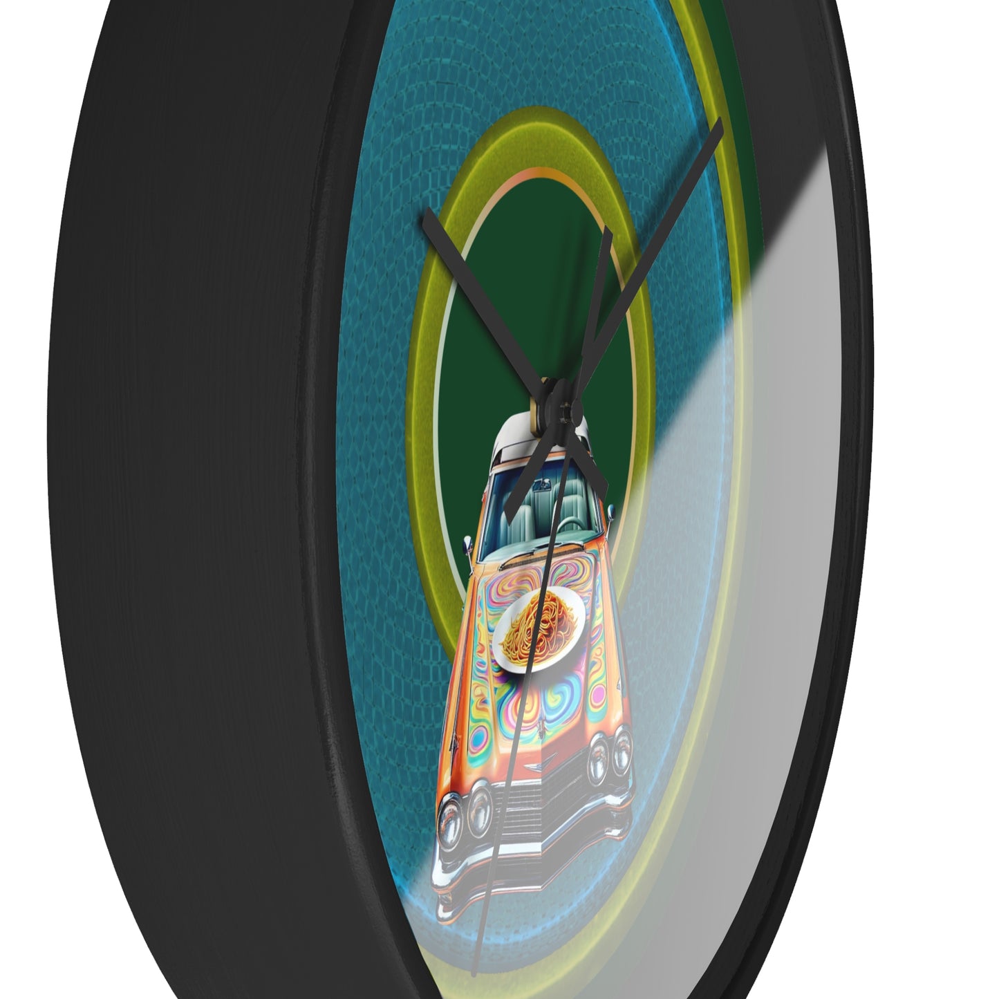 Lumpy Wall Clock - "Cadillac Rainbows & Eating on the Run" - variant 4 - rustic blue/green donut w/pond green background