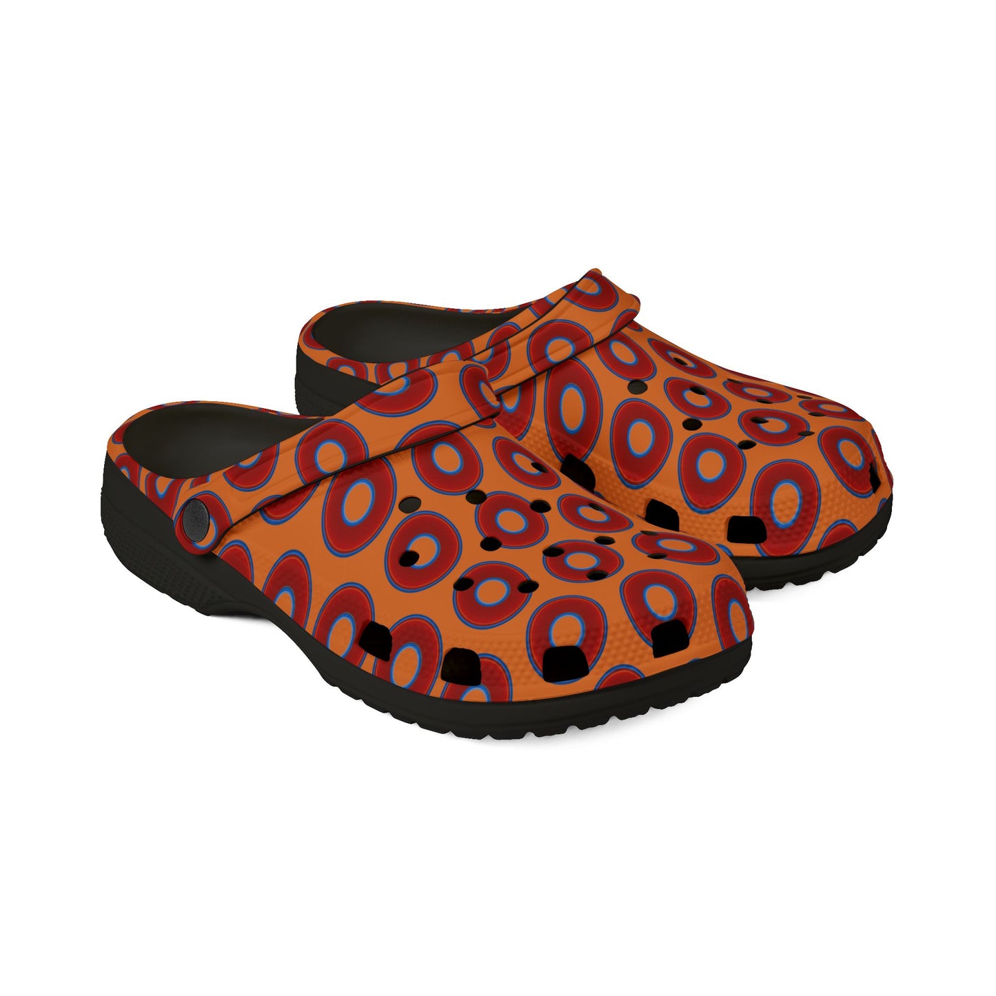 Spatchcocks - donut slip-on shoes - vivid red donuts w/dark orange background [unisex]