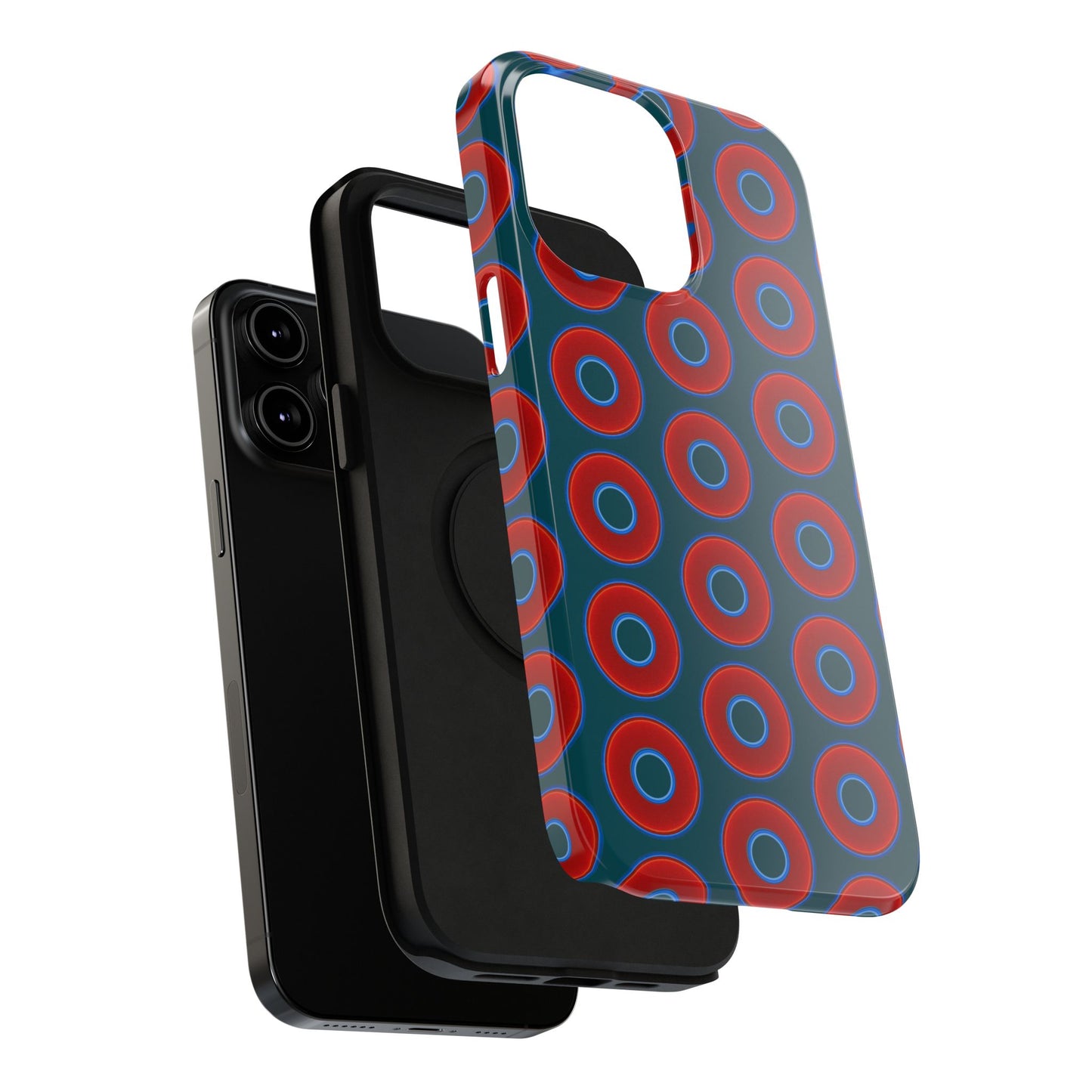 Impact-Resistant Lumpy Donut Case - red vivid donut print w/midnight green background