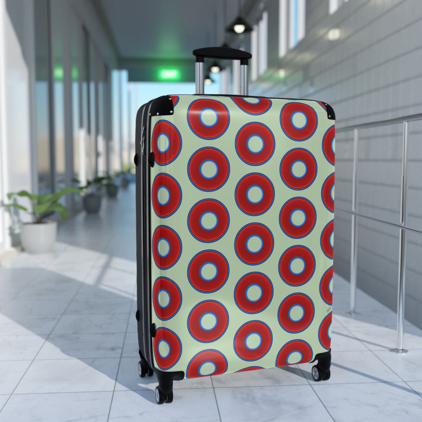 The Very Lumpy Donut Suitcase series - your choice of S, M or L - vivid red donut print w/seafoam background