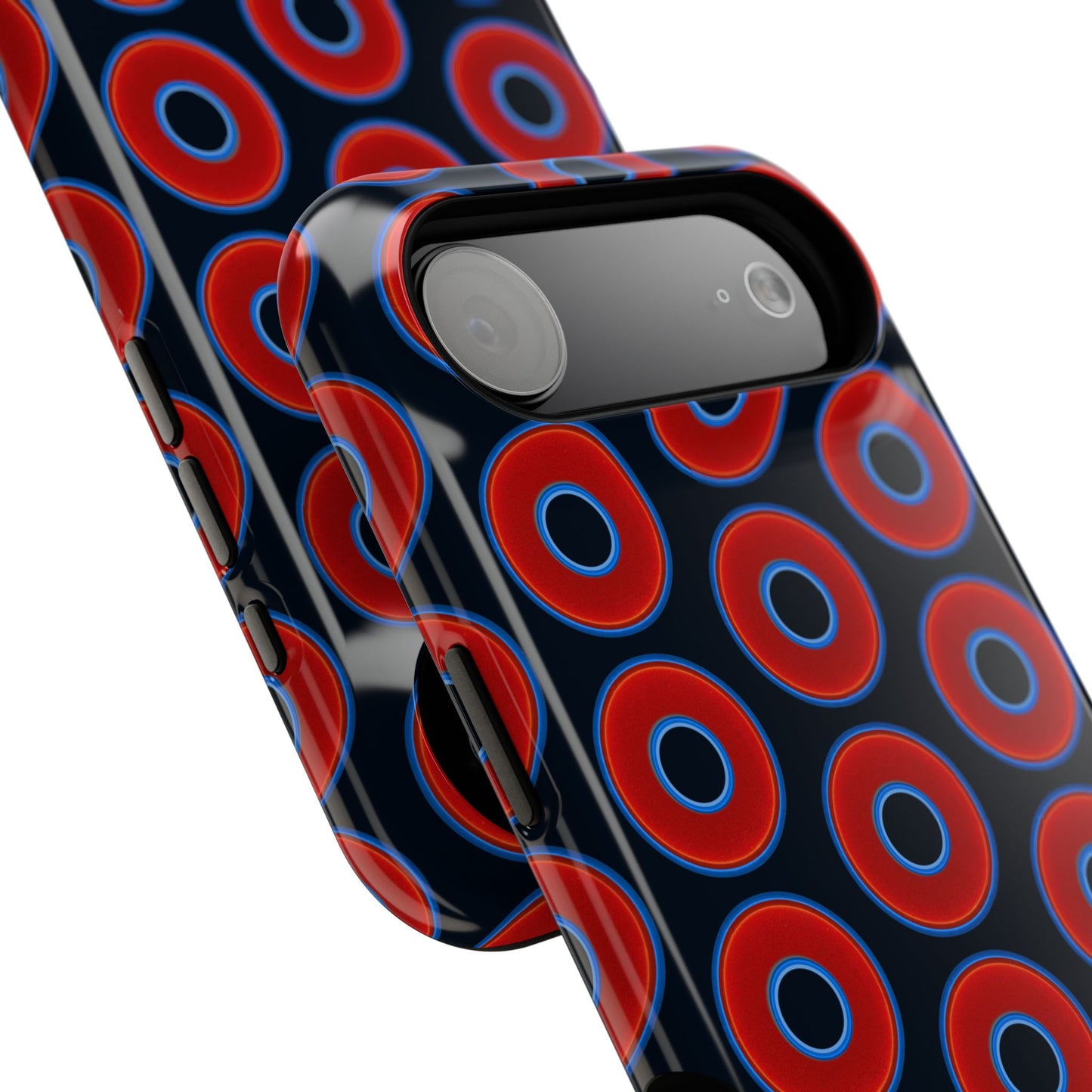 Impact-Resistant Lumpy Donut Case - red vivid donut print w/blue charcoal background