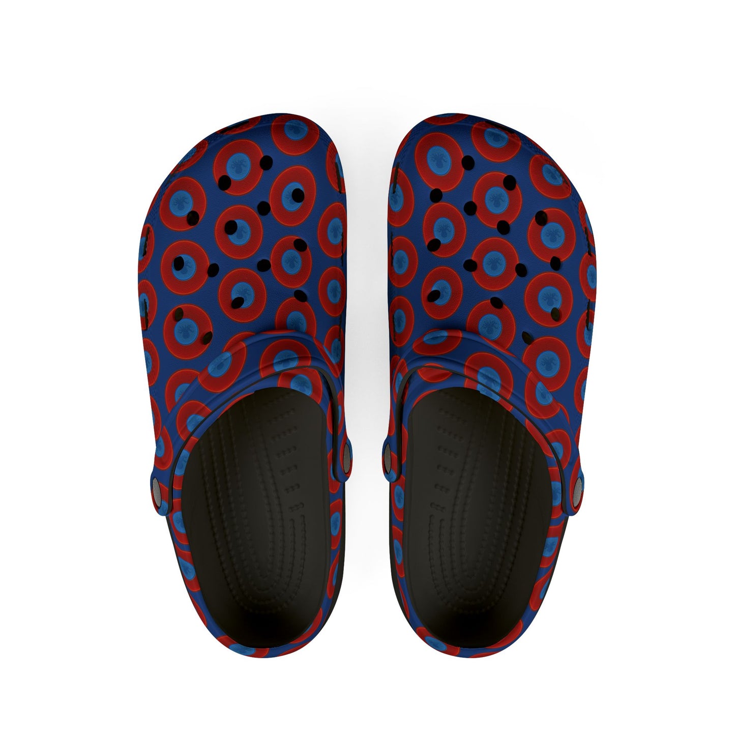 Spatchcocks - donut slip-on shoes - "Roger Moore's Octopussy Donut" - red vivid donuts w/dark blue background [unisex]