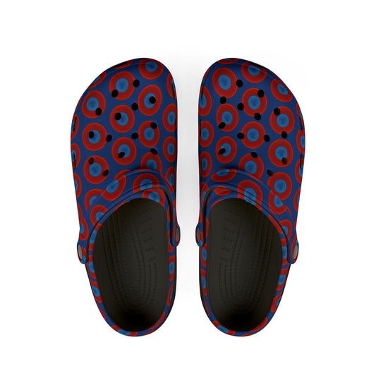 Spatchcocks - donut slip-on shoes - "Roger Moore's Octopussy Donut" - red vivid donuts w/dark blue background [unisex]