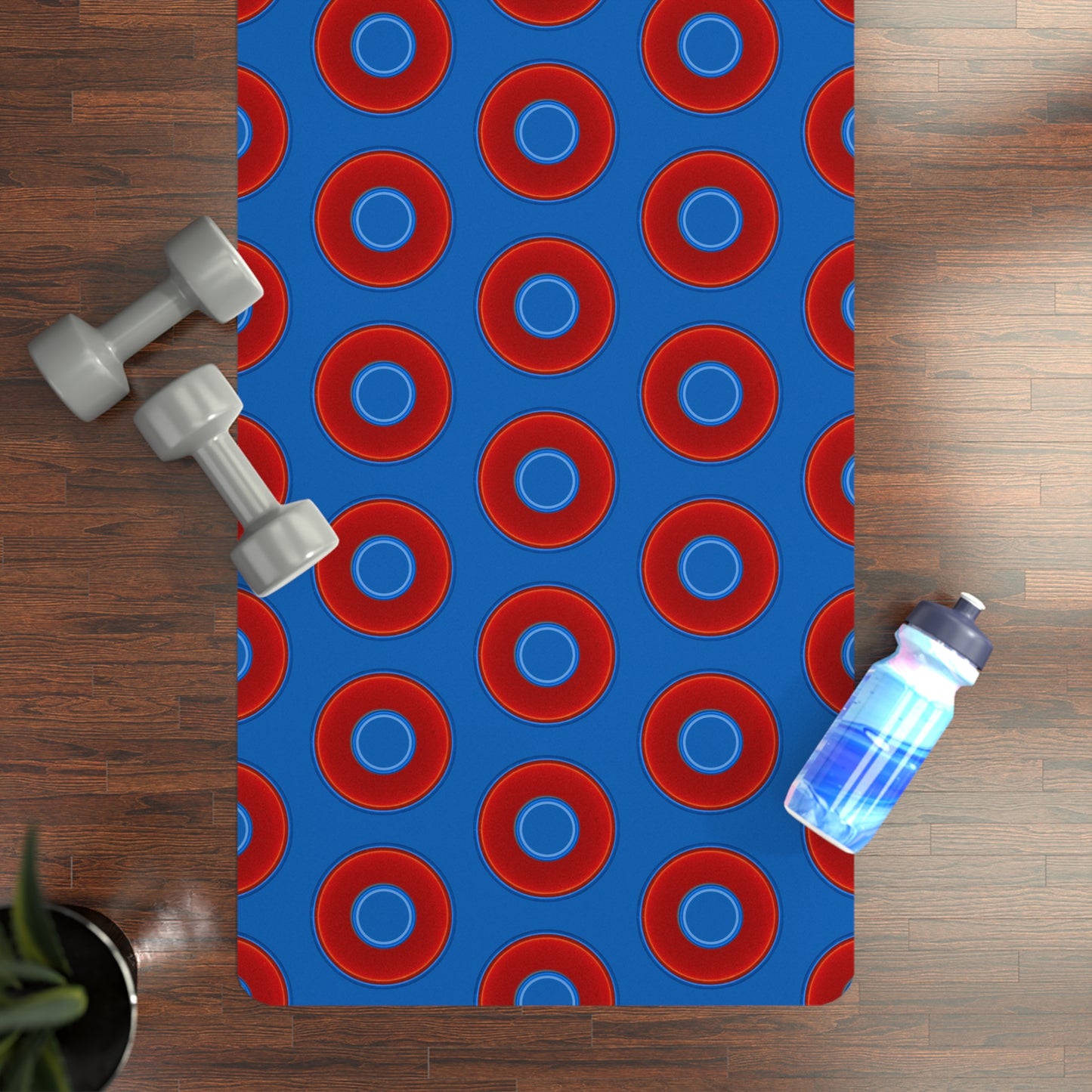 Lumpy Donut Yoga Mat :) - 24″ x 70" - vivid red donut print w/dark royal blue background