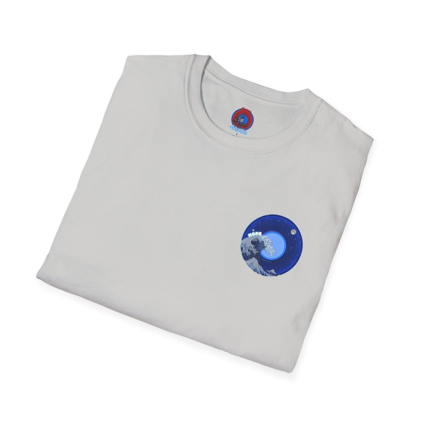 Classic Donut Tee - Unisex Soft-Style - "The Hopeful Waving Donut" - variant 2 - vivid blue donut