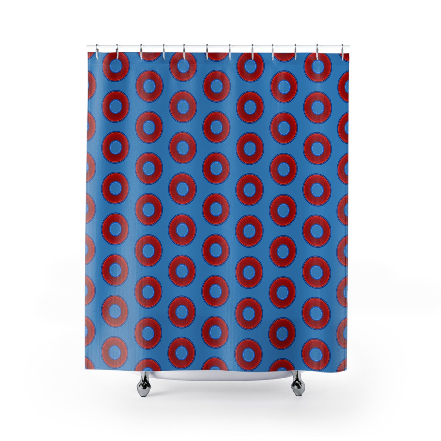The Curtain With "Donuts" - Lumpy Bath Time Fun - vivid red donuts w/light steel blue background