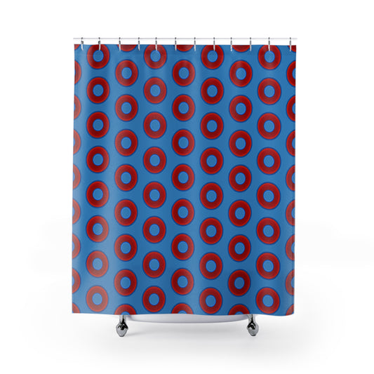 The Curtain With "Donuts" - Lumpy Bath Time Fun - vivid red donuts w/light steel blue background