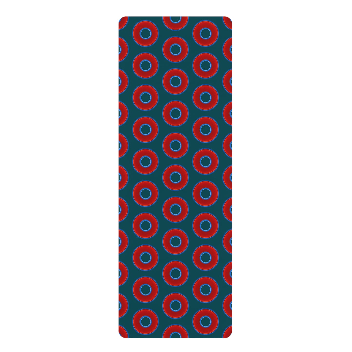 Lumpy Donut Yoga Mat :) - 24″ x 70" - vivid red donut print w/midnight teal green background