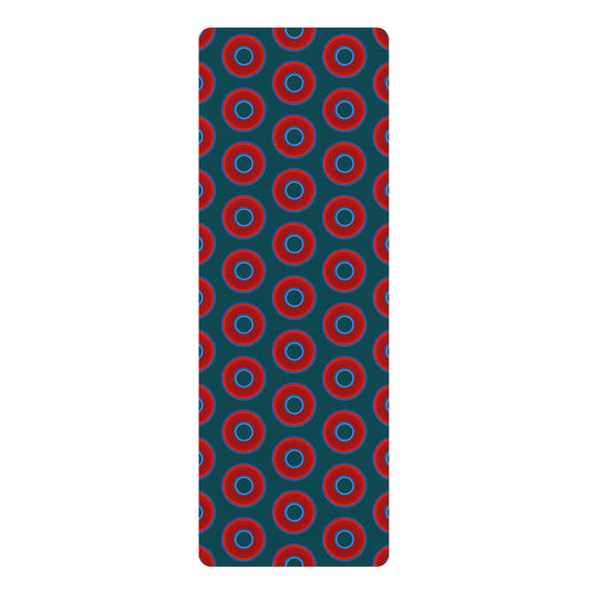 Lumpy Donut Yoga Mat :) - 24″ x 70" - vivid red donut print w/midnight teal green background