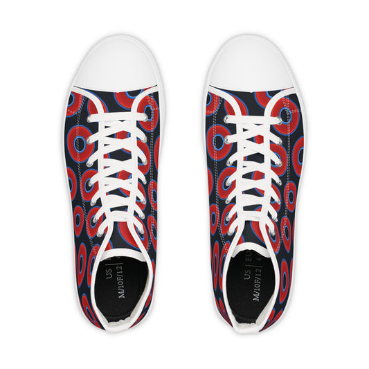 Men's High Top Chucks - large vivid red donut print w/blue charcoal background