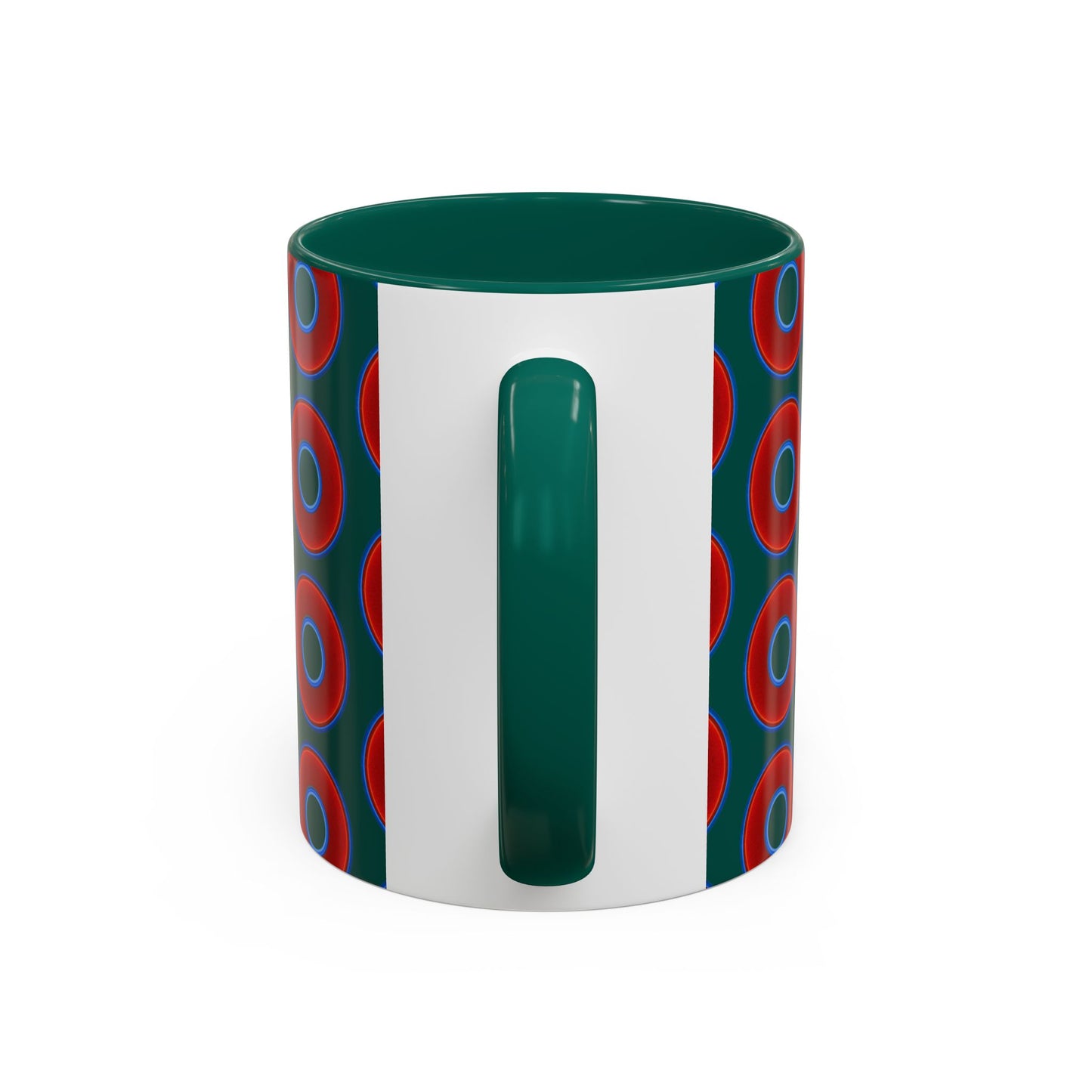 Lump's Grumpy Coffee Mug - vivid red donuts w/dark Fenway green background