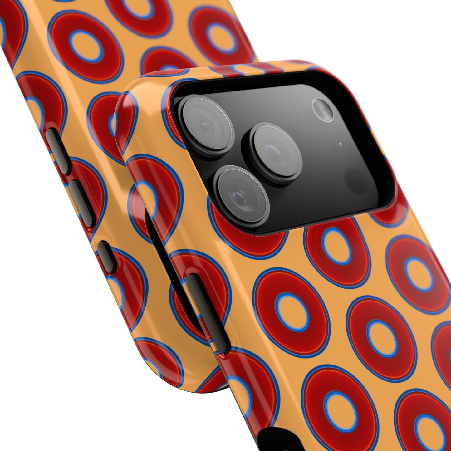 Impact-Resistant Lumpy Donut Case - red vivid donut print w/creamsicle orange background