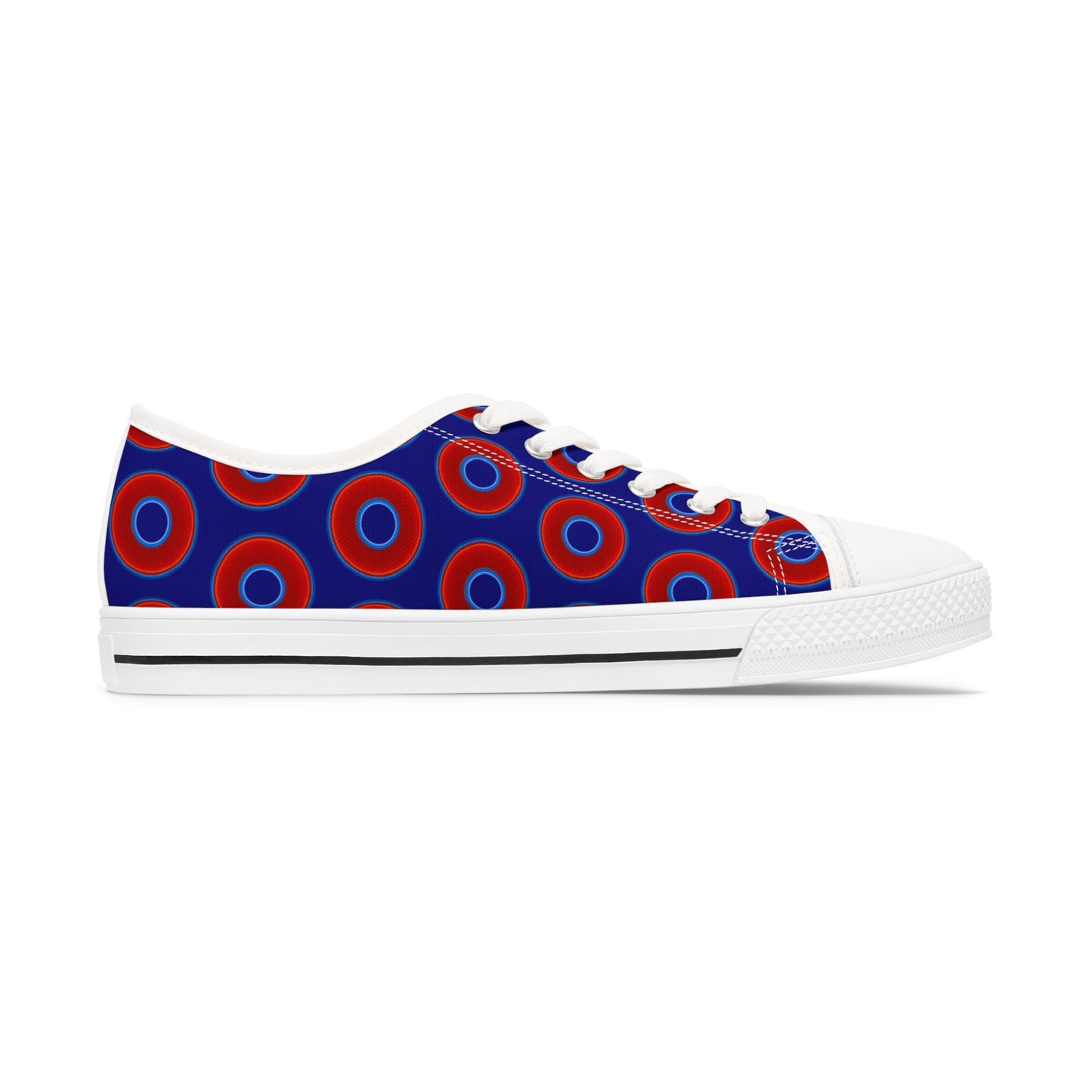 Women's - Low Top Chuck Taylors - large vivid red donut print w/vivid navy blue background
