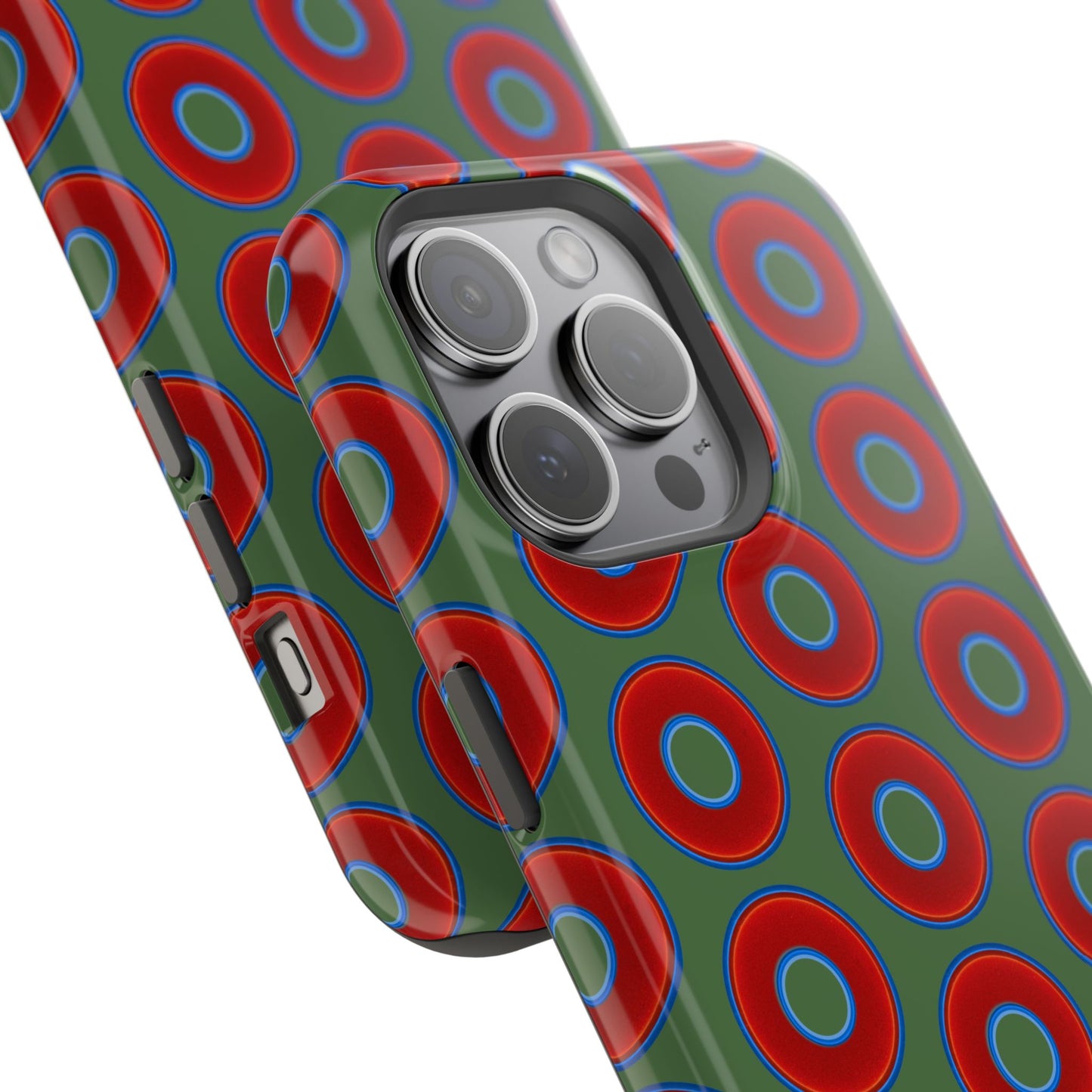 Impact-Resistant Lumpy Donut Case - red vivid donut print w/dark green background