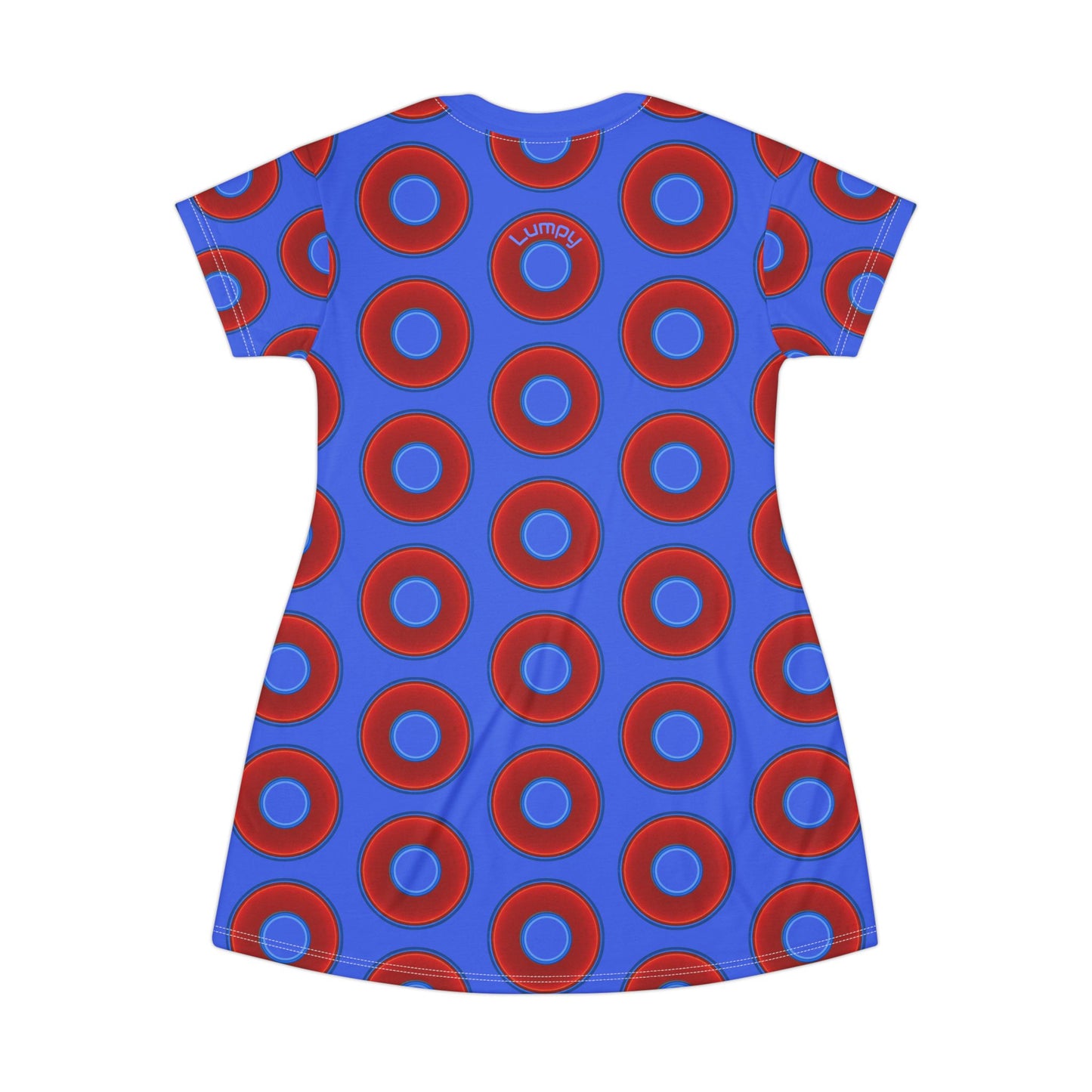 Not a Muumuu AOP Tee Shirt Dress - red vivid donuts w/royal blue background