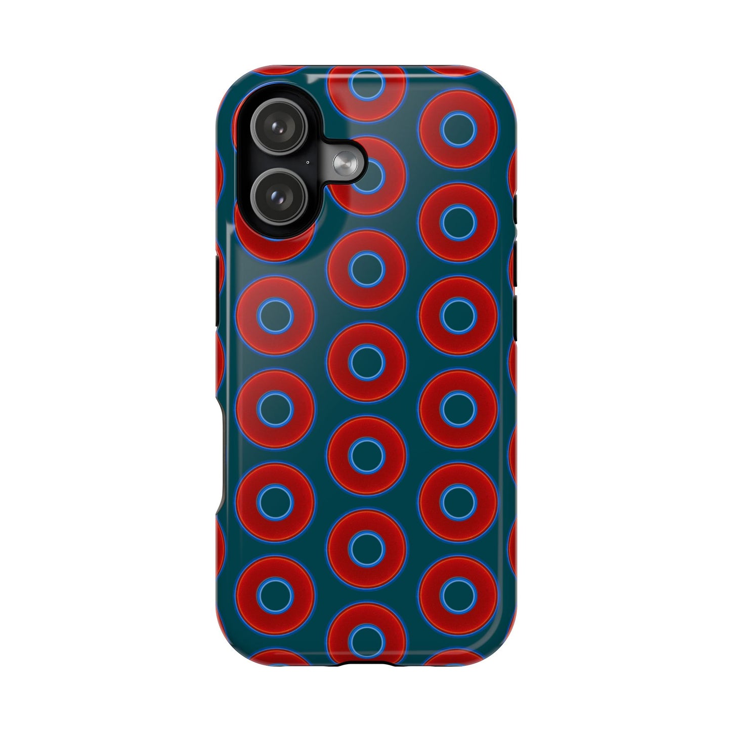 Impact-Resistant Lumpy Donut Case - red vivid donut print w/midnight green background