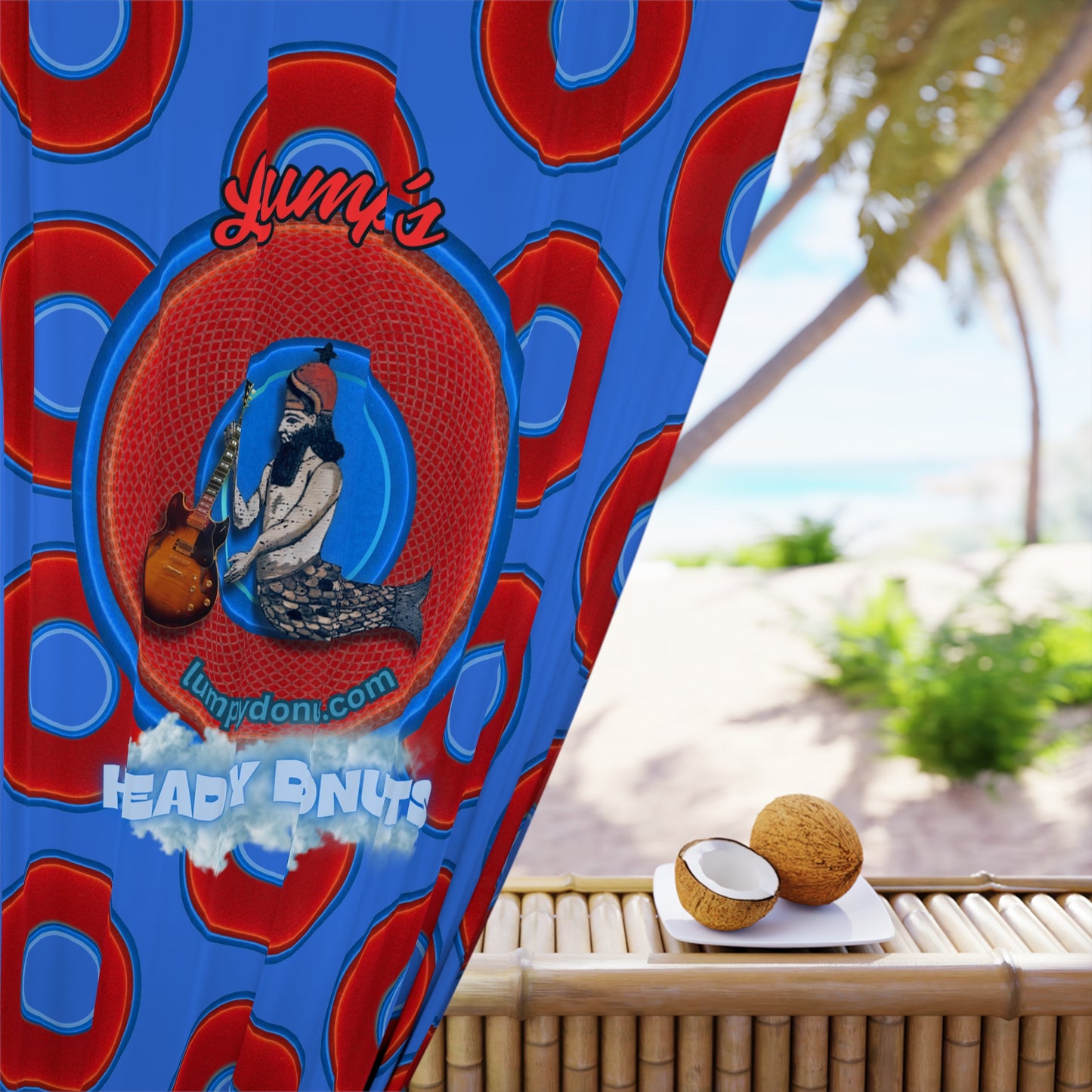 Lump's Heady Curtain w/Donuts - "Lump's Office Curtains" vivid red donut print - w/medium royal blue background - [*1 Piece / 50" x 84"]