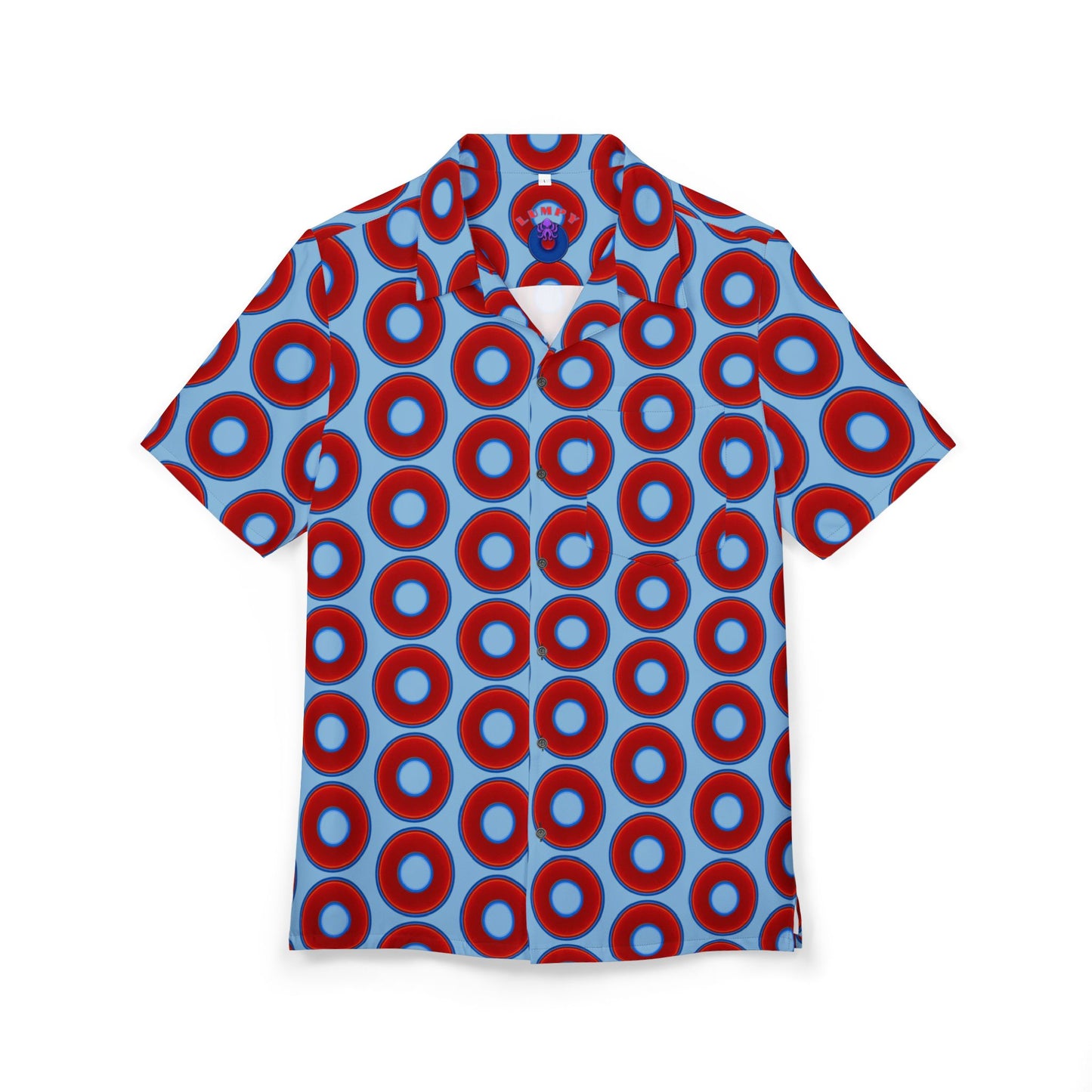 Wilson's 'Epic Hawaiian-Punch' Shirt - vivid red donut print w/sky blue background [unisex]