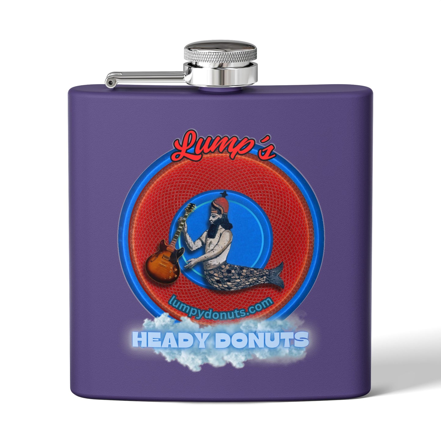 Lump's Donut Flask 6 oz -  "Lump's Heady Logo Flask" - red/blue rustic donut - [*w/your choice of 6 backgrounds]