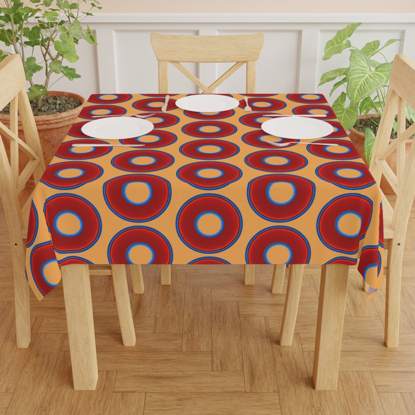 Lumpy Tablecloth - 55.1" x 55.1" - vivid red donuts w/creamsicle orange background