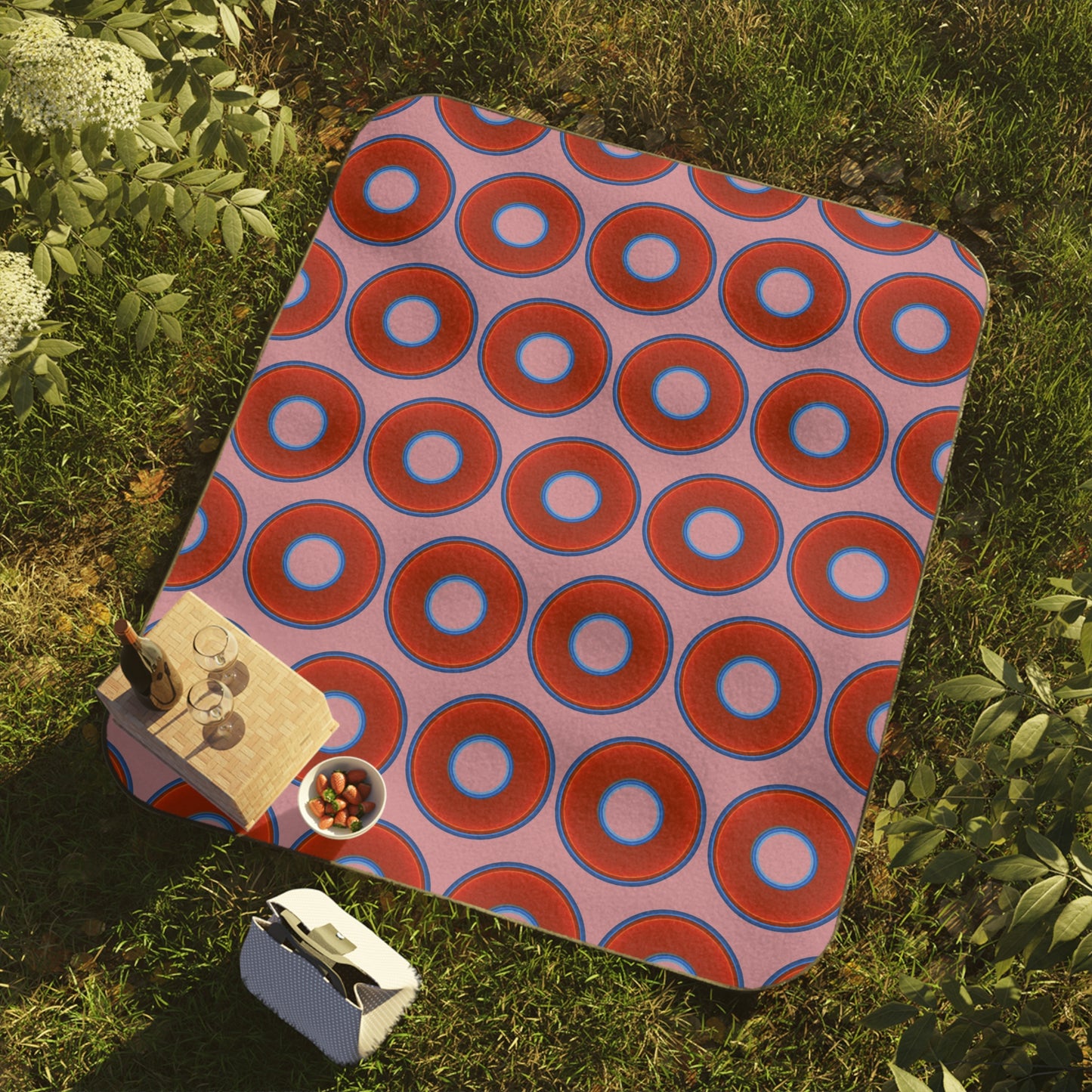 The Lumpy Party Blanket - giant water-resistant outdoor blanket [61" x 51"] - vivid red donuts w/pale magenta background