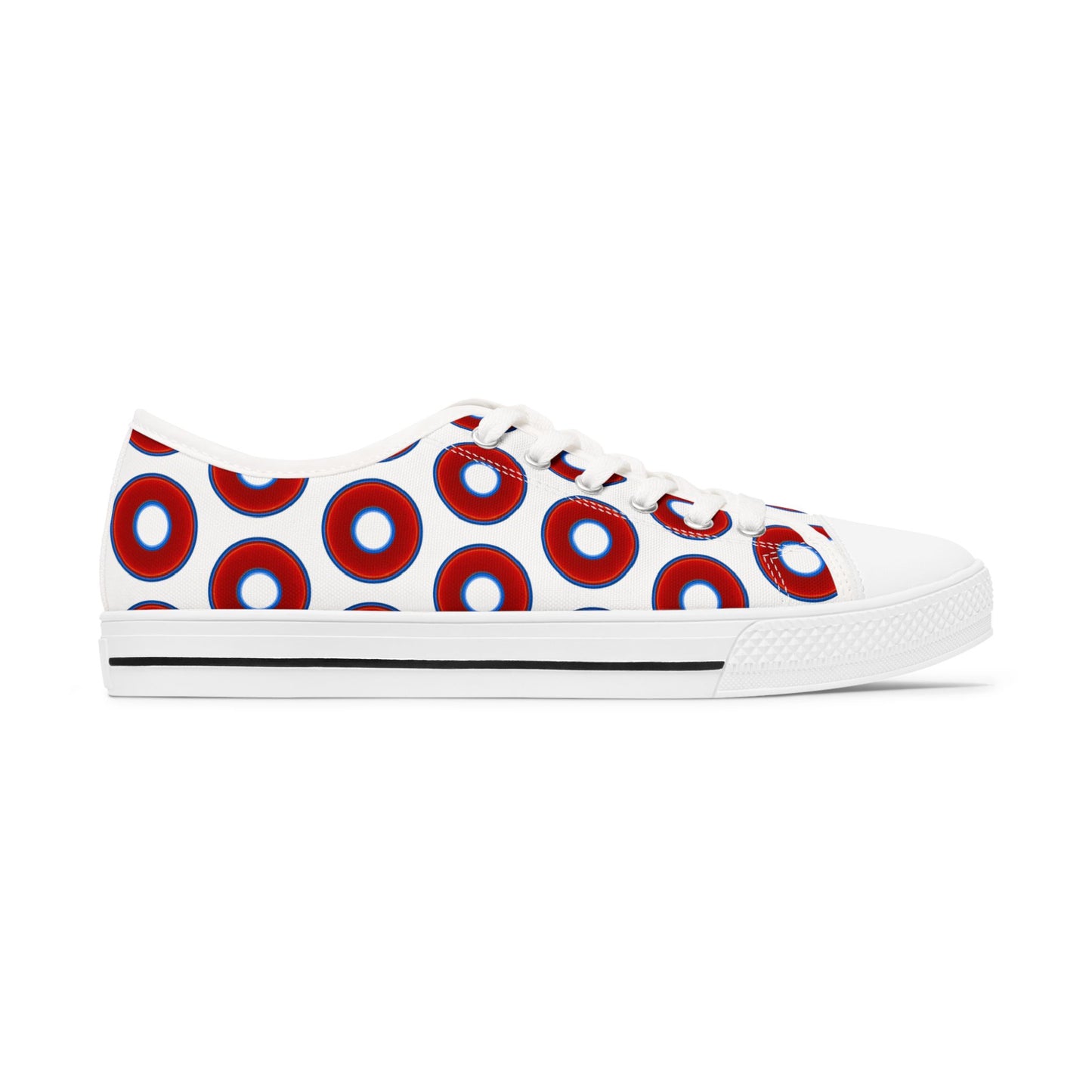 Women's - Low Top Chuck Taylors - large vivid red donut print w/white background