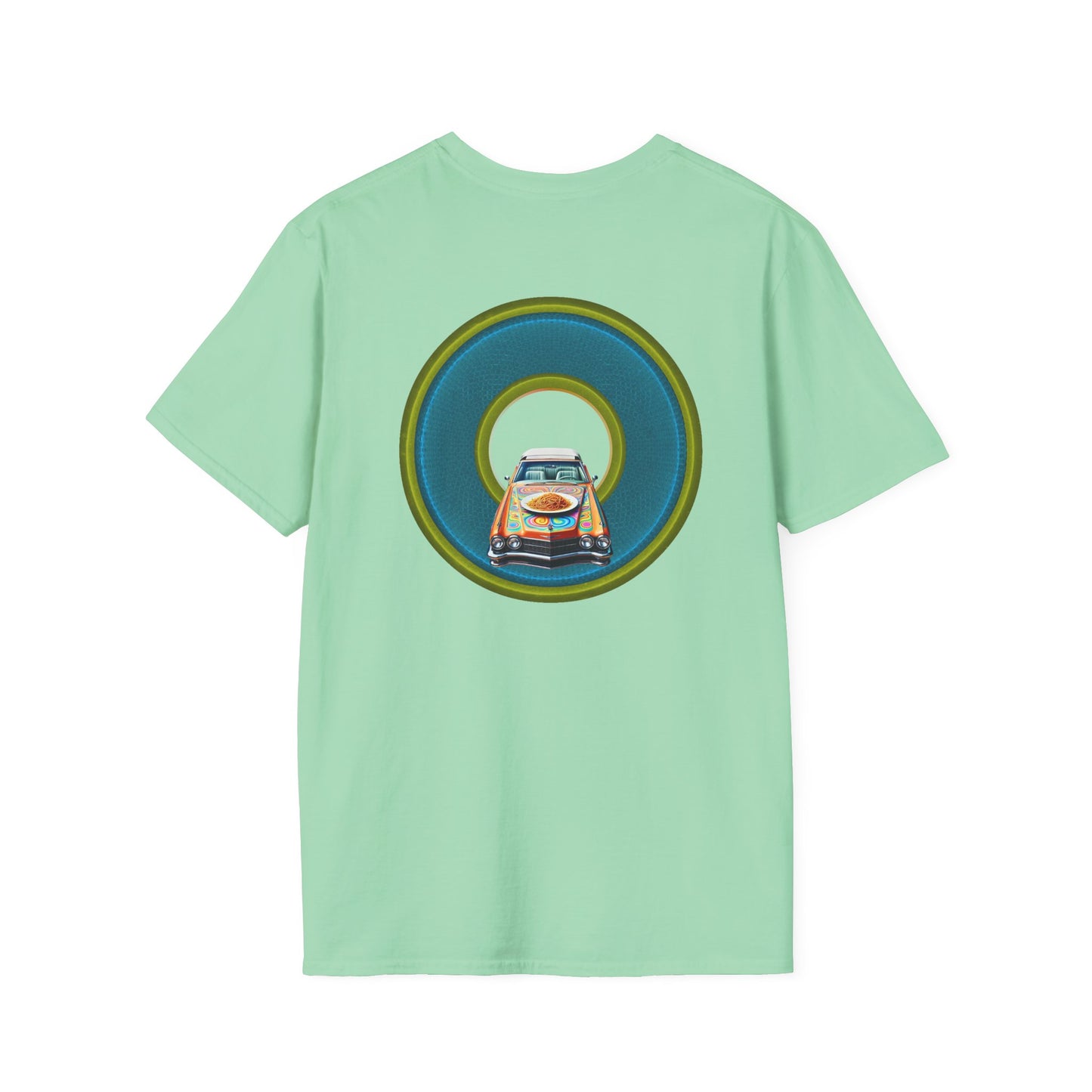 Classic Donut Tee - Unisex Soft-Style - "Cadillac Rainbow Spaghetti Incident" - series 1.0  - variant 1 - blue/green donut