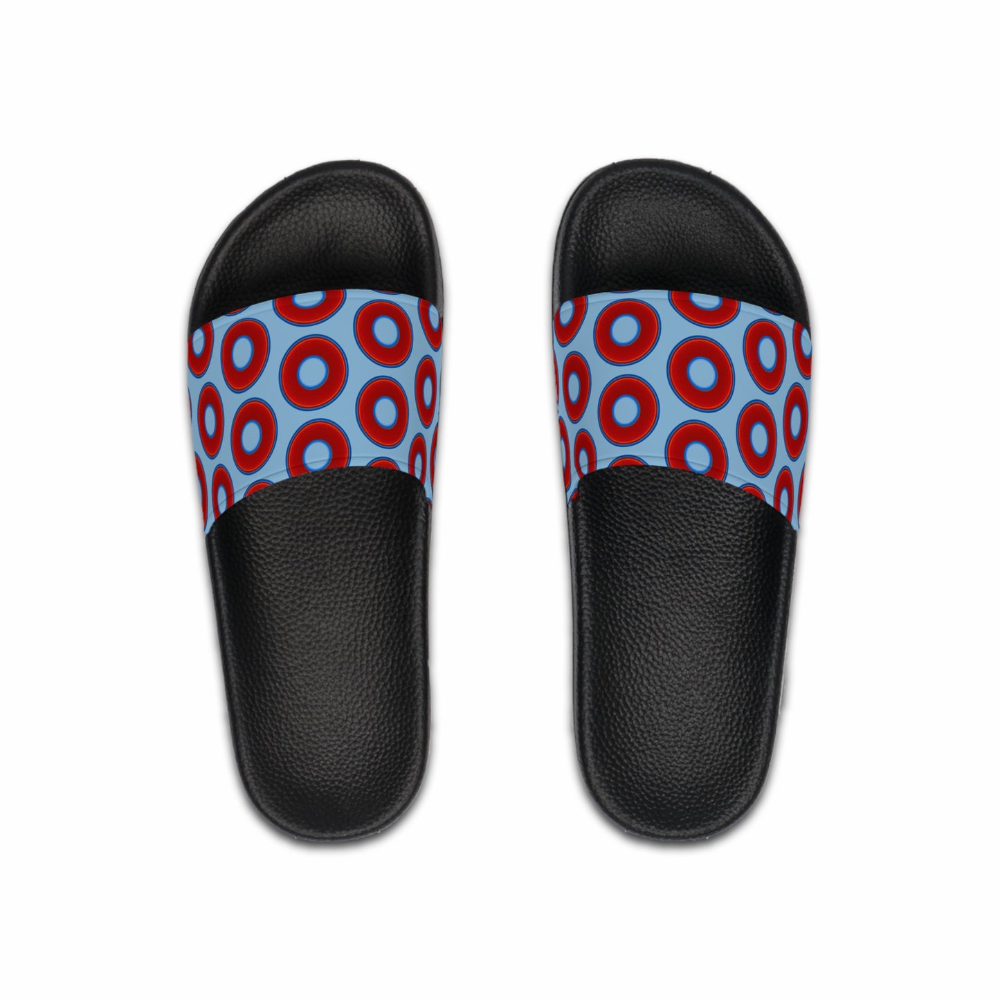Men's Lumpy Sandals - slip-ons - red vivid donuts w/sky blue background