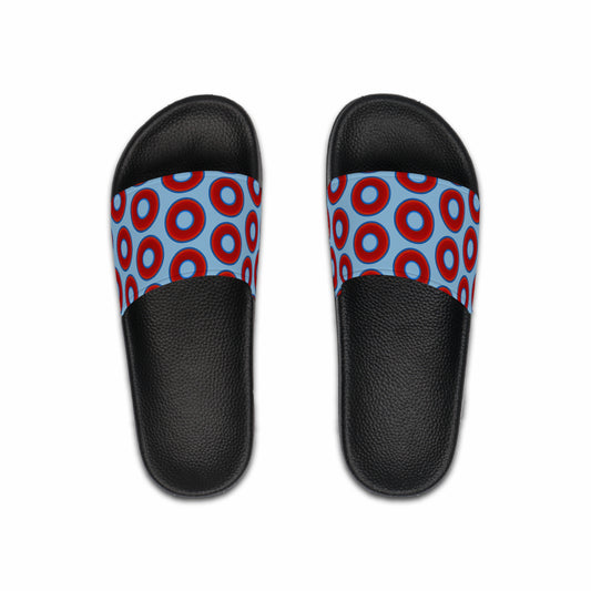 Men's Lumpy Sandals - slip-ons - red vivid donuts w/sky blue background