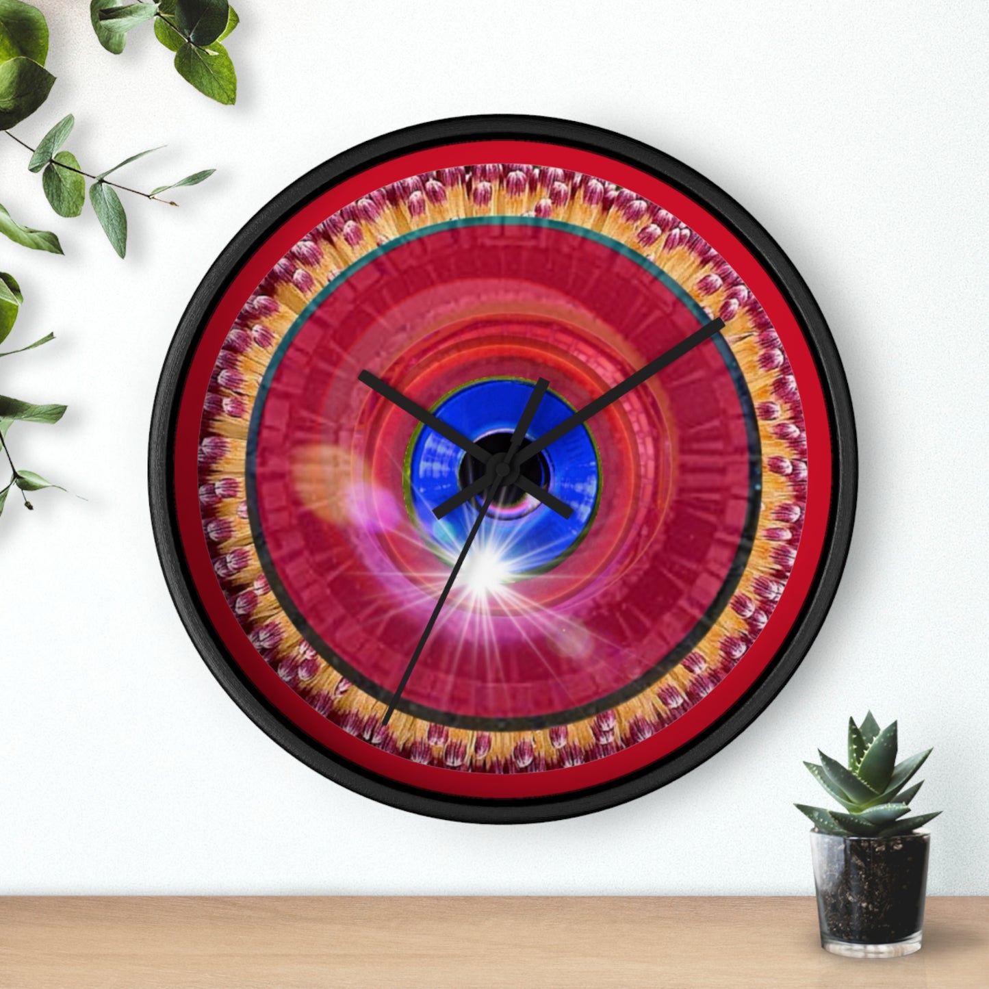 Lumpy Wall Clock - "Solitary Flour" - vivd red flower donut w/dark red background