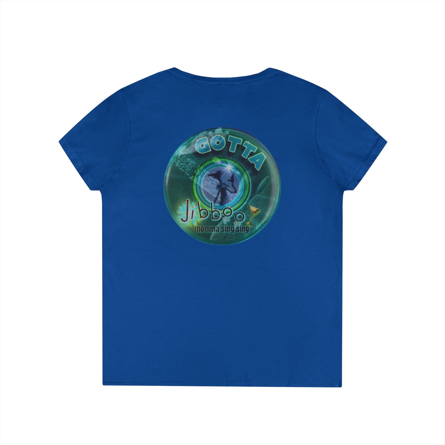 Women's Donut V-Neck Tee - "Momma just got out of Sing Sing" - vivid teal green donut w/
