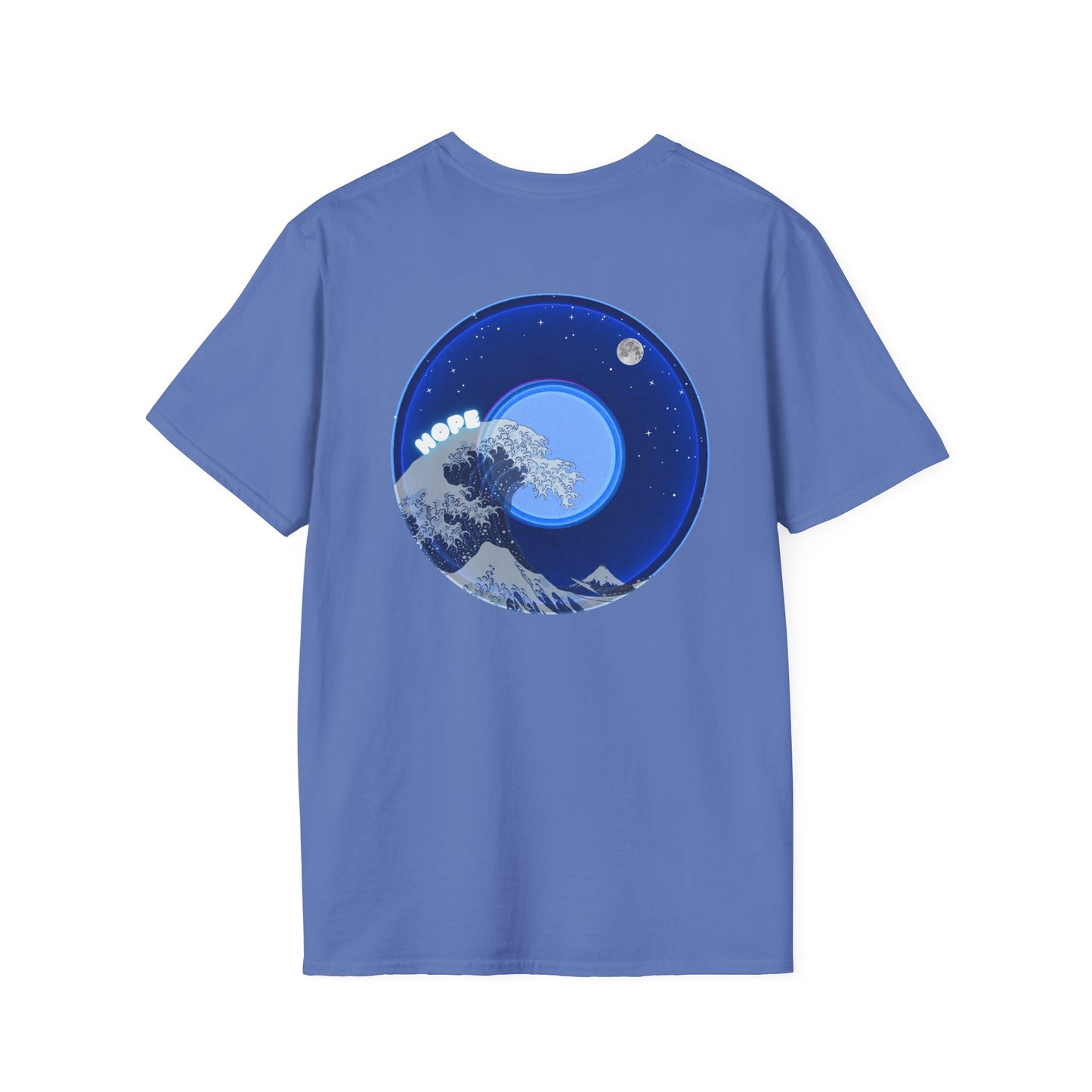 Classic Donut Tee - Unisex Soft-Style - "The Hopeful Waving Donut" - vivid blue donut