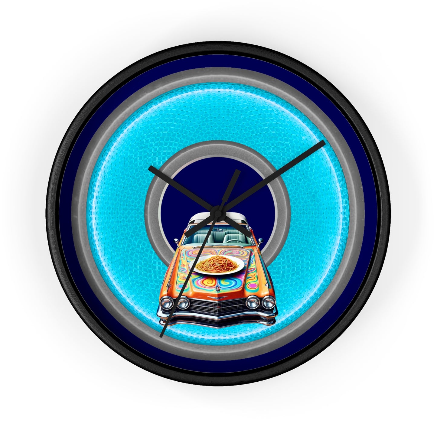 Lumpy Wall Clock - "Cadillac Rainbows & Eating on the Run" - variant 2 - rustic light blue/gray donut w/navy blue background
