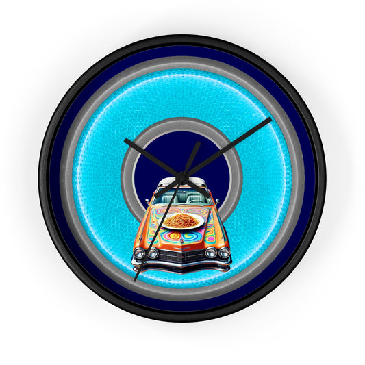 Lumpy Wall Clock - "Cadillac Rainbows & Eating on the Run" - variant 2 - rustic light blue/gray donut w/navy blue background