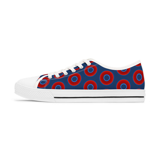 Women's - Low Top Chuck Taylors - large vivid red donut print w/Atlantic Navy Blue background