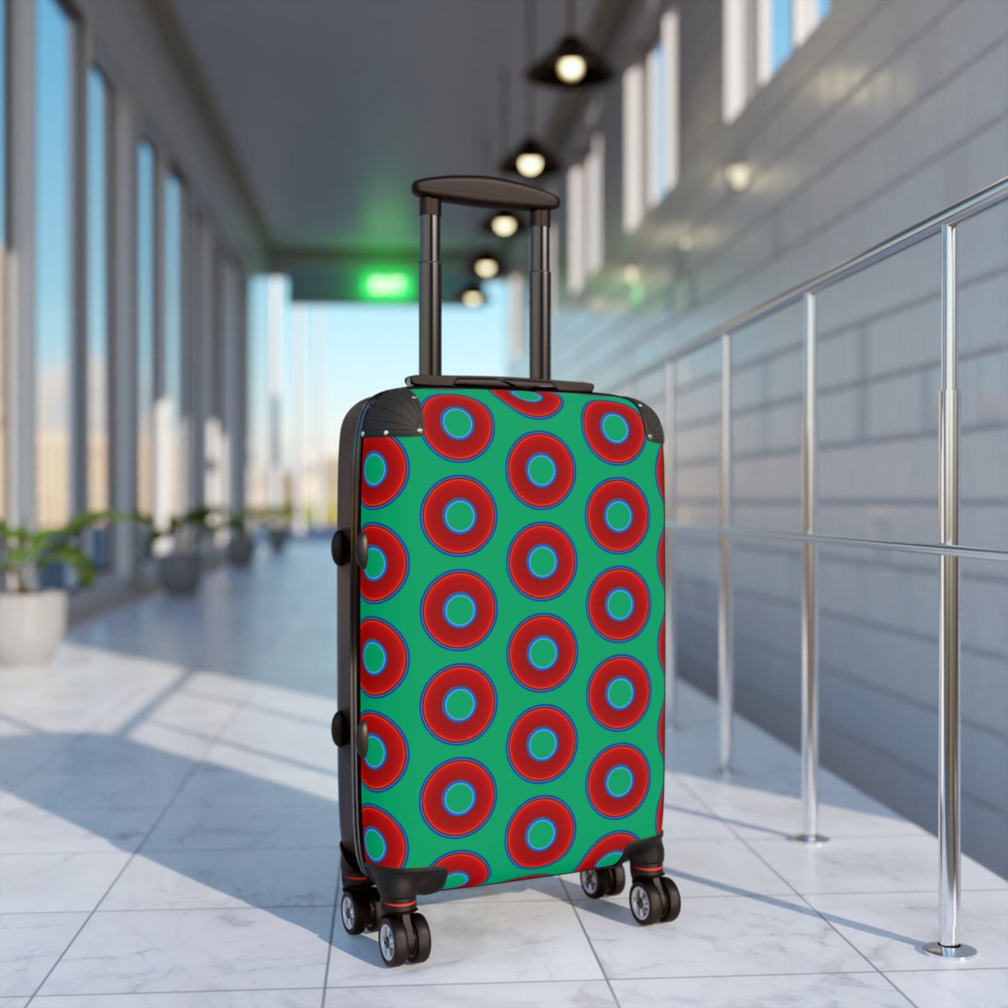 The Very Lumpy Donut Suitcase series - your choice of S, M or L - vivid red donut print w/jade green background