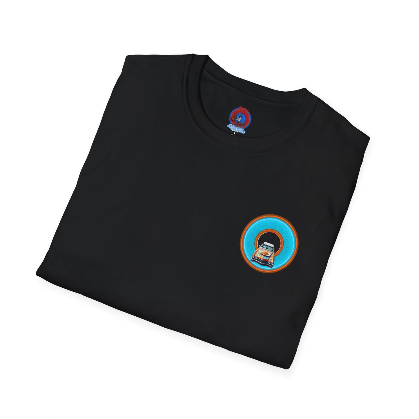 Classic Donut Tee - Unisex Soft-Style - "Cadillac Rainbow Spaghetti Incident" - series 1.0  - variant 2 - blue/orange donut