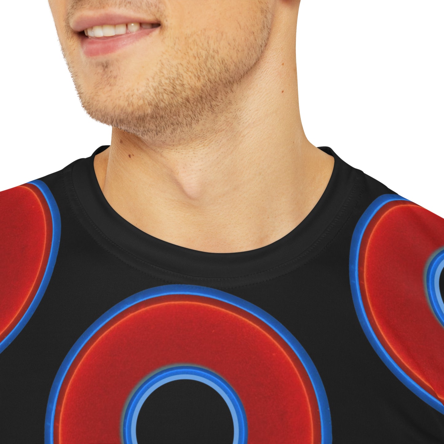 Multi-Beastie Giant Donut AOP Polyester Tee - red vivid donut print w/black background