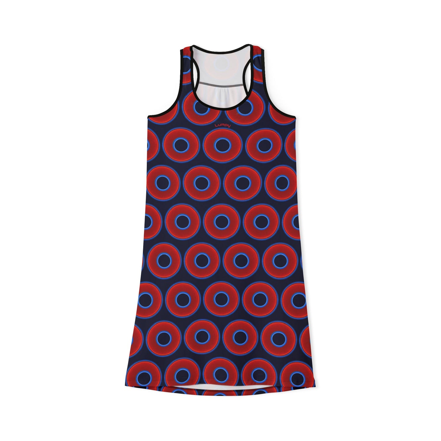 Tela's Lumpy Racerback Donut Dress - red vivid donut print w/dark navy blue background