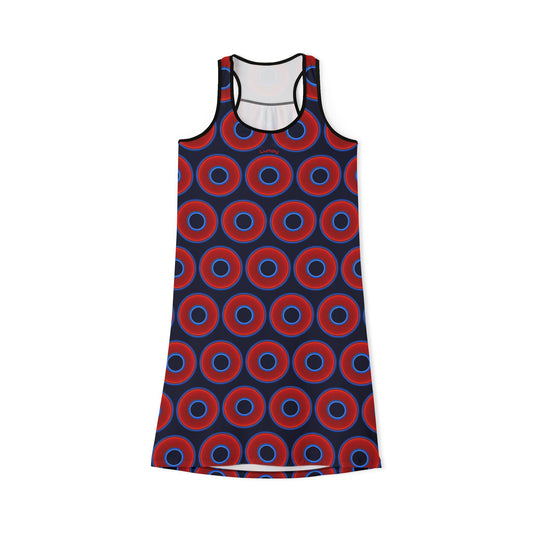 Tela's Lumpy Racerback Donut Dress - red vivid donut print w/dark navy blue background