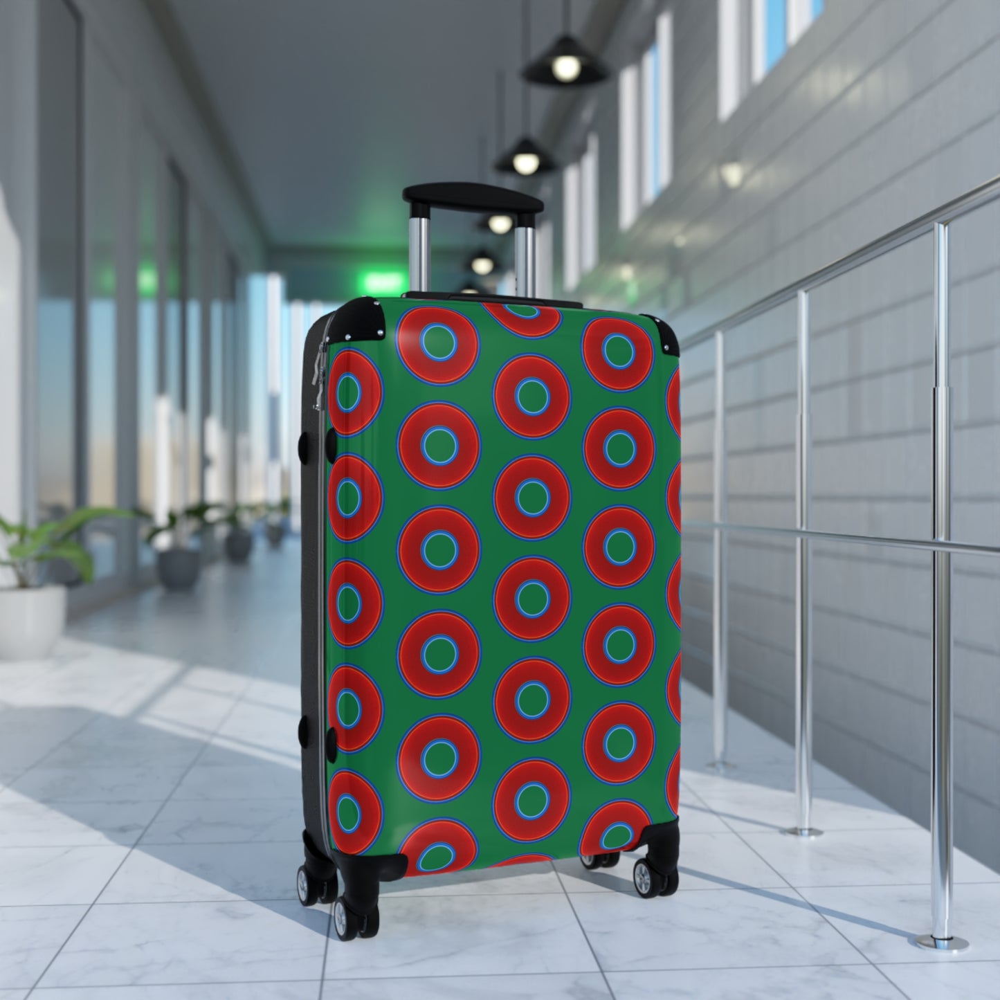 The Very Lumpy Donut Suitcase series - your choice of S, M or L - vivid red donut print w/green background