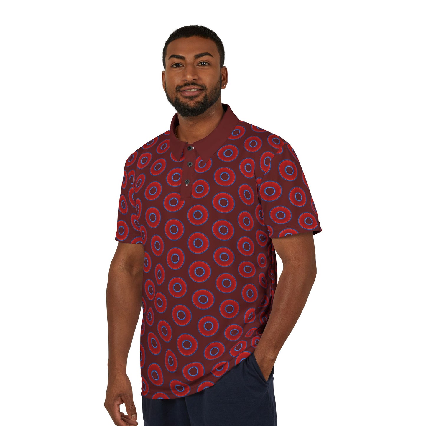 AOP Donut Polo - vivid donut print w/dark red background [unisex]