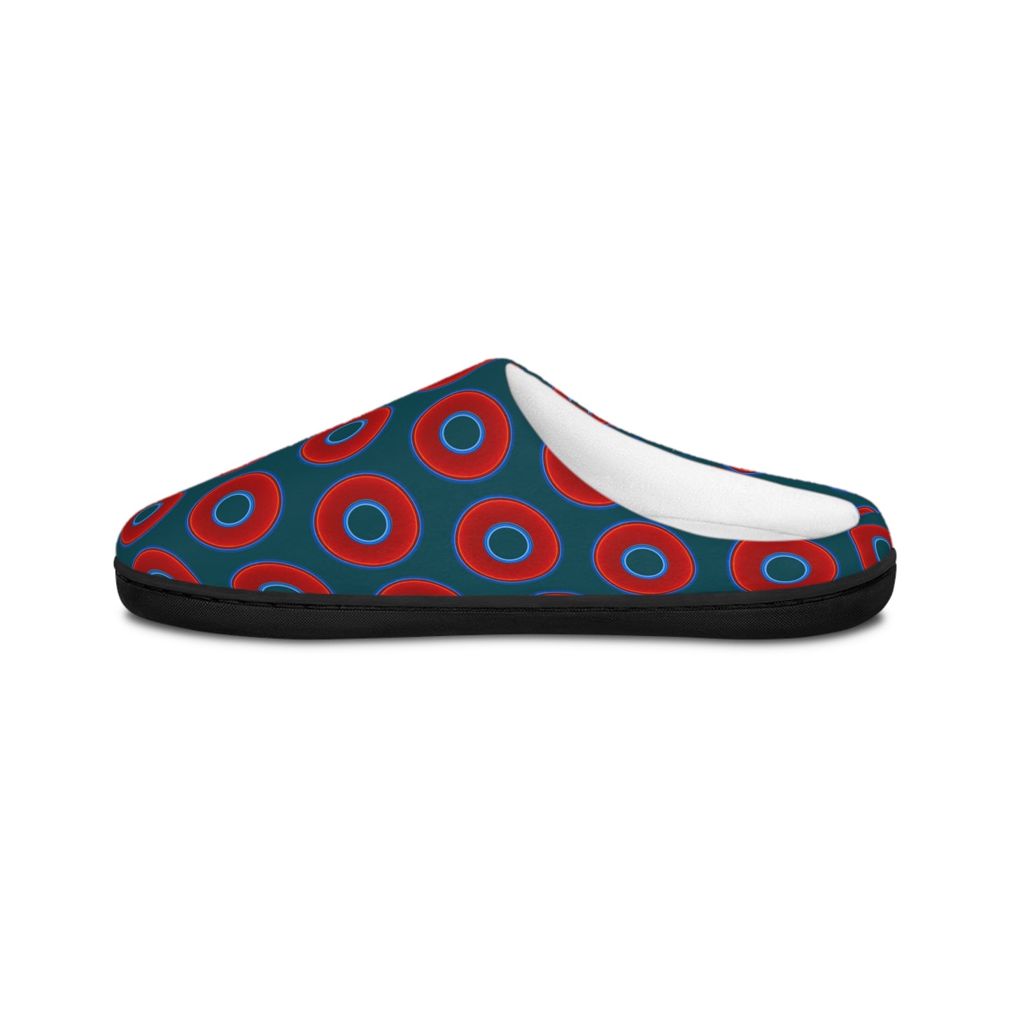 Men's Lumpy Slippers - red vivid donut print w/midnight teal green background